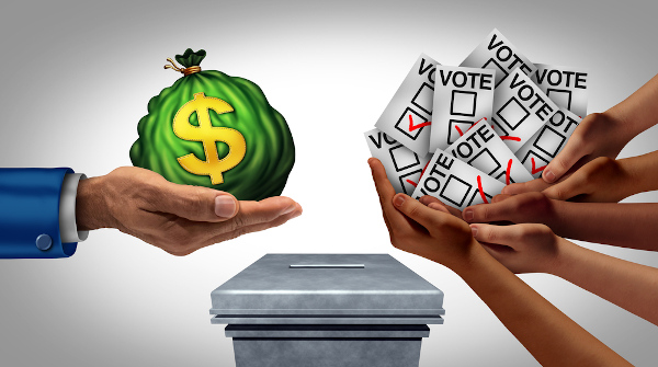 Ilustração representando a compra de votos, um crime eleitoral.