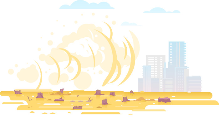 Ilustração representando como o desmatamento favorece a formação de tempestades de areia. 
