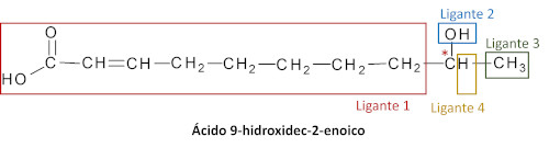 Ilustração apontando o carbono quiral e os ligantes da molécula do ácido 9-hidroxidec-2-enoico.