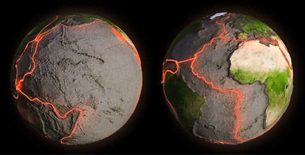 Representação da fragmentação da crosta terrestre em placas tectônicas.