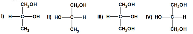Representações espaciais de quatro estruturas químicas para identificação das que possuem carbono quiral.