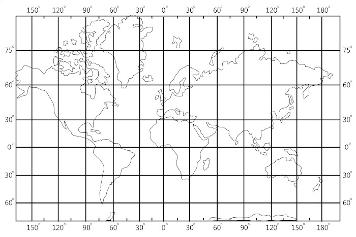 Grade de coordenadas com as linhas imaginárias verticais e horizontais que indicam a latitude e longitude de um ponto. 