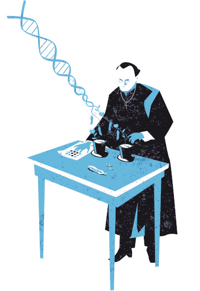Ilustração traz Mendel analisando ervilhas e estudando a transmissão de informações genéticas.