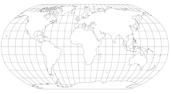 Mapa-múndi e as linhas imaginárias usadas para calcular a latitude e a longitude.
