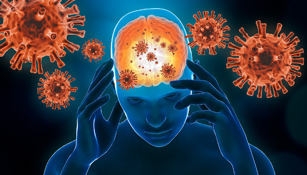 Ilustração em 3d de um cérebro humano sendo infectado por vírus, como ocorre na meningite.