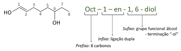 Representação do funcionamento da nomenclatura do oct-1-em-1,6-diol.