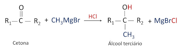 Reação entre cetona e reagente de Grignard, gerando álcool terciário.