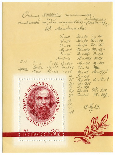 Selo mostra Dmitri Mendeleev e suas anotações durante a construção da tabela periódica.