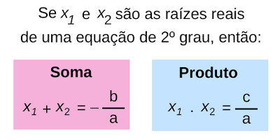 Quadro mostra fórmulas de soma e produto para cálculo de raízes de uma equação do 2º grau.