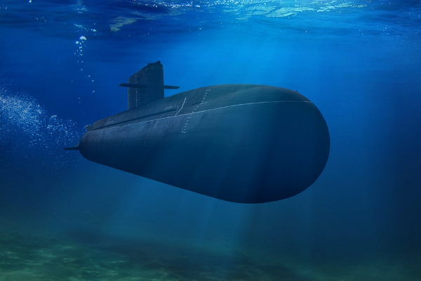 Submarino submerso, com maior pressão sobre ele do que sobre outro objeto mais na superfície, conforme o teorema de Stevin.