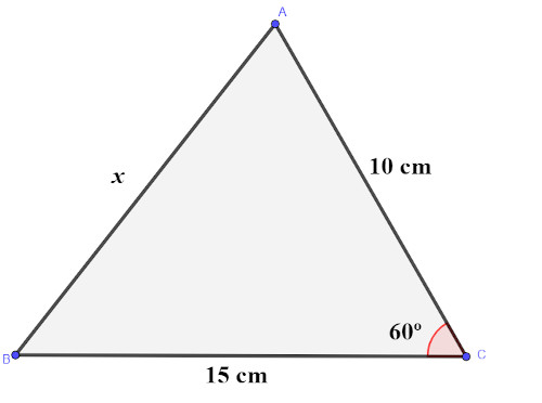 Ilustração de um triângulo que terá a medida do seu lado desconhecido calculada pela lei dos cossenos.