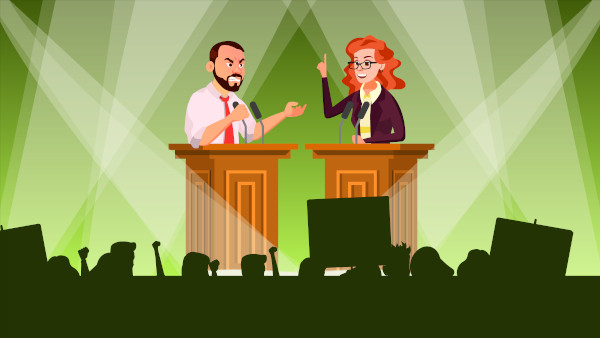 Ilustração de homem e mulher, cada um num púlpito, se enfrentando em debate político.