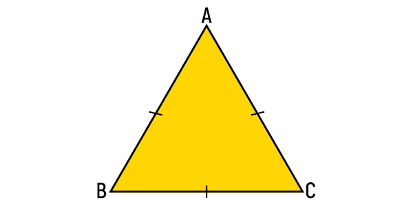 Ilustração de um triângulo equilátero ABC, cuja área está destacada em amarelo.