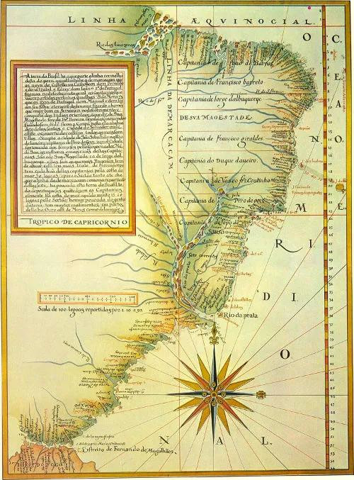 Mapa clássico das capitanias hereditárias produzido por Luís Teixeira, em 1586.