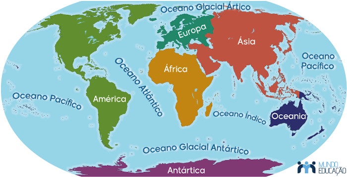 Mapa indicando os continentes e os oceanos do planeta Terra.