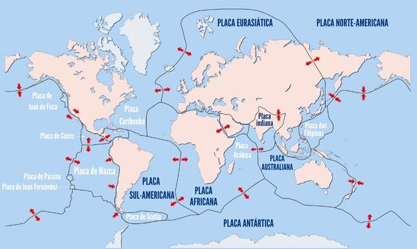 Mapa das placas tectônicas do planeta Terra.