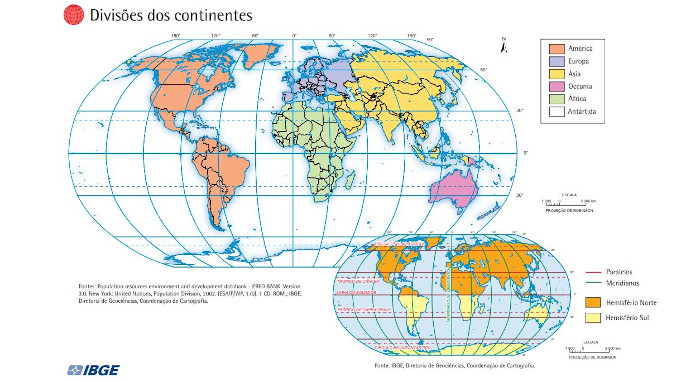 Mapa-múndi com a divisão dos continentes do mundo.
