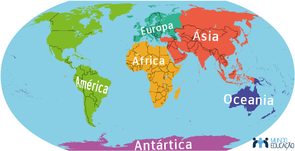 Mapa-múndi indicando os seis continentes da Terra.