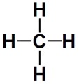 Estrutura química do metano (CH4), a menor cadeia carbônica possível.
