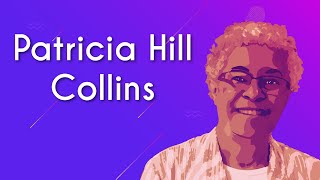 "Patricia Hill Collins" escrito sobre fundo roxo e uma ilustração da socióloga Patricia Hill Collins