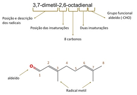 Resolução da questão da Uece sobre classificação da cadeia carbônica do composto 3,7-dimetil-2,6-octadienal.