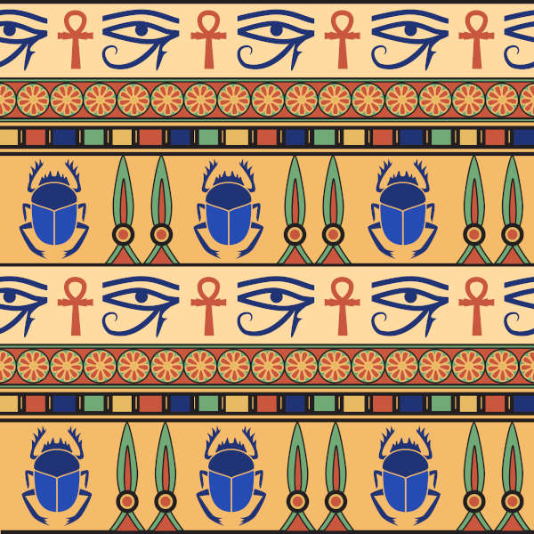Ornamento egípcio com besouro e Olho de Hórus, feito com simetria de translação.