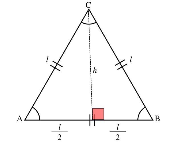 Ilustração de um triângulo equilátero, com a indicação dos elementos necessários para compor a fórmula que calcula sua área.
