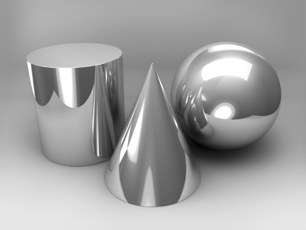 Cilindro, cone e esfera prateados: exemplos de corpos redondos.
