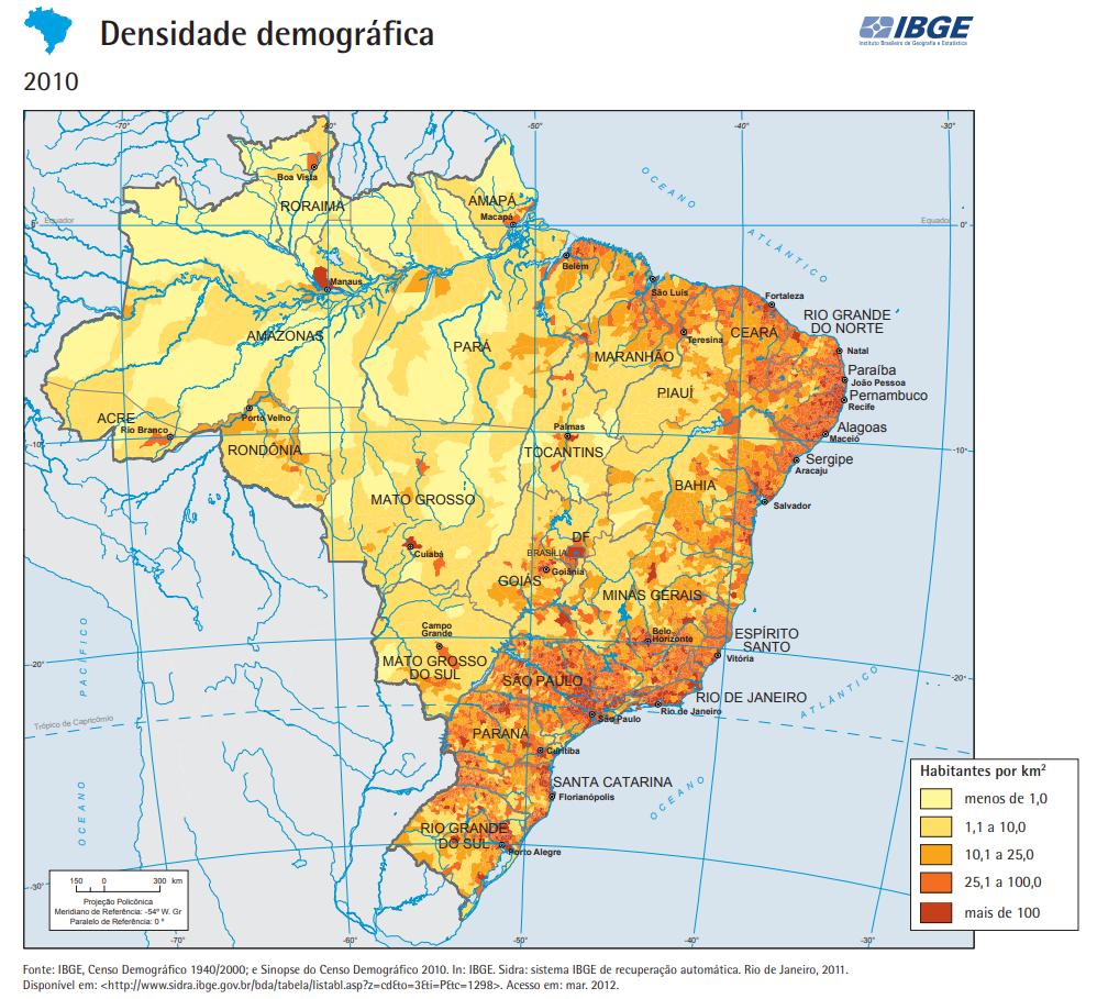 Mapa da densidade demográfica do Brasil, elaborado pelo IBGE.