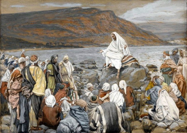 Pintura de Jesus Cristo sentado sobre uma pedra, pregando para uma multidão próximo ao mar.