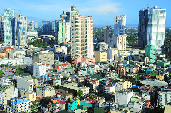  Vista superior da área urbana de Makati, nas Filipinas, no Sudeste Asiático, região com elevada densidade demográfica.