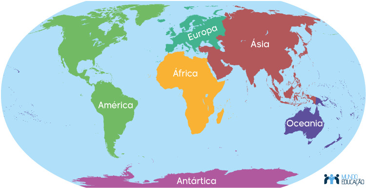 Mapa-múndi com a divisão dos continentes.