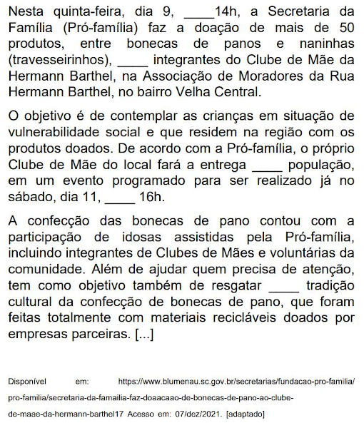 Texto sobre a Secretaria da Família em uma questão da Furb sobre o verbo “ser”.