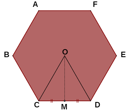 Ilustração apontando a apótema OM do hexágono regular ABCDEF.