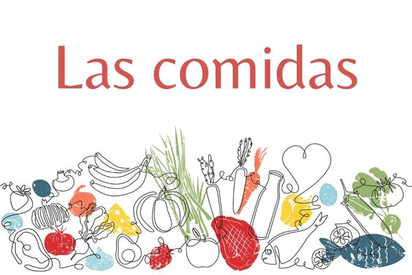 Colagem com diferentes tipos de comida representando as comidas em espanhol (las comidas).
