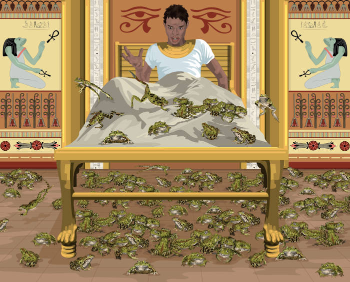 Ilustração de um homem egípcio deitado em uma cama, em um quarto infestado de rãs, uma das dez pragas do Egito.