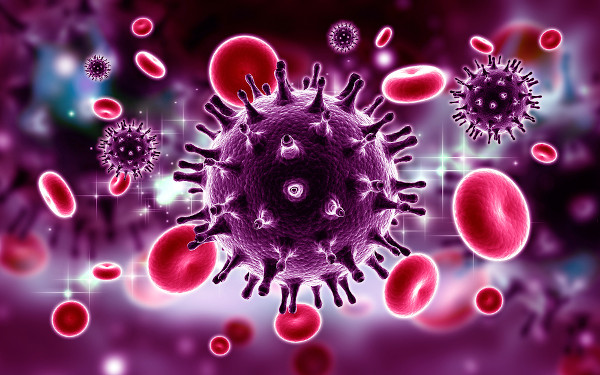Ilustração 3D do vírus HIV, que é um retrovírus, companhado de glóbulos vermelhos.