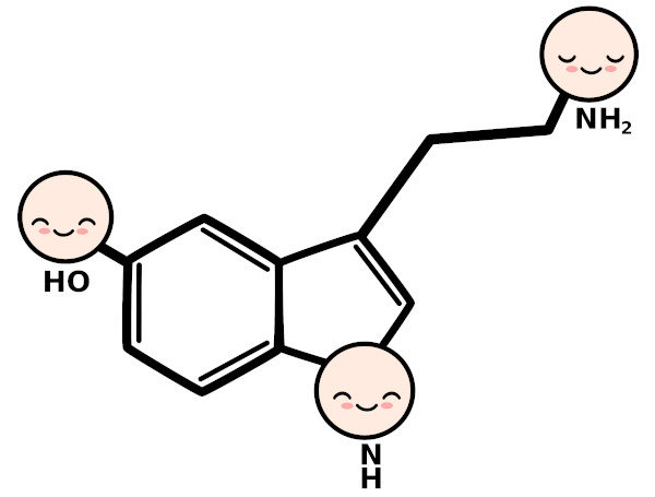 Ilustração da fórmula molecular da serotonina com rostos sorridentes desenhados.
