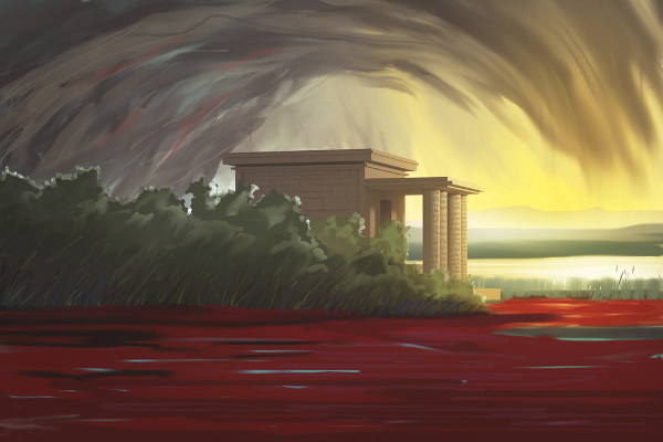 Ilustração das águas do rio Nilo vermelhas, pois haviam virado sangue na primeira praga; ao fundo, vegetação e uma casa.
