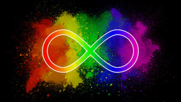 Ilustração do símbolo do infinito em um fundo escuro, manchado por várias cores; esse é o símbolo da neurodiversidade.
