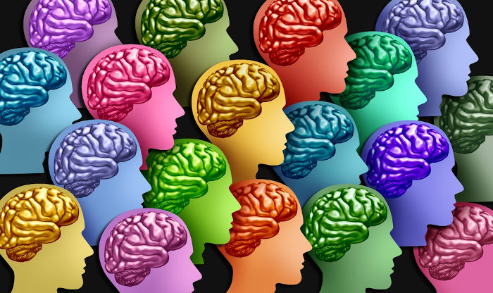 Ilustração de várias silhuetas de cabeças humanas e cérebros coloridos, representando a proposta da neurodiversidade.