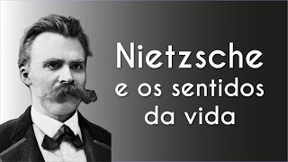 "Nietzsche e os sentidos da vida" escrito sobre fundo cinza ao lado da imagem do filósofo Nietzsche