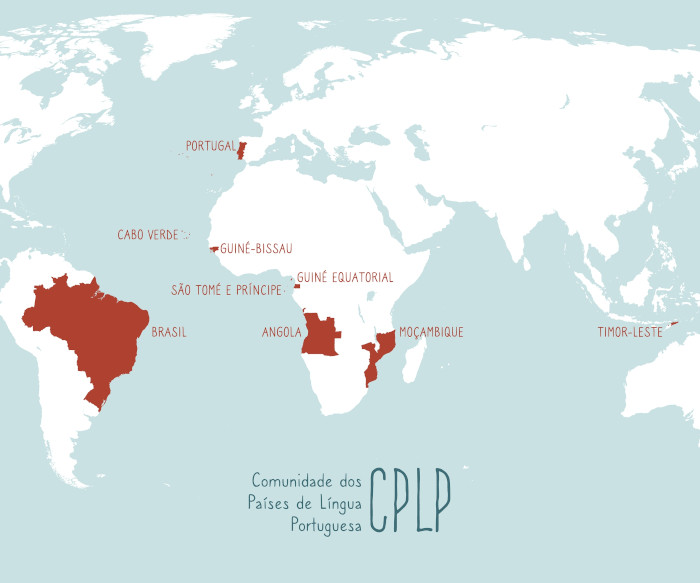 Mapa-múndi indicando os países em que a língua portuguesa é o idioma oficial, os quais adotaram o novo Acordo Ortográfico.