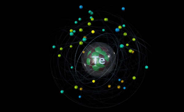 Representação do átomo de telúrio com seus 52 elétrons em torno do núcleo.