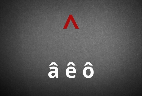 Representação do símbolo do acento circunflexo e das vogais nas quais o acento é usado: “a”, “e” e “o”.