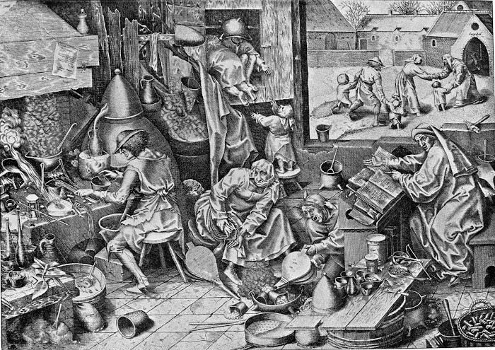 Representação de alquimistas, indivíduos que fazem uso da alquimia, no século XVI.