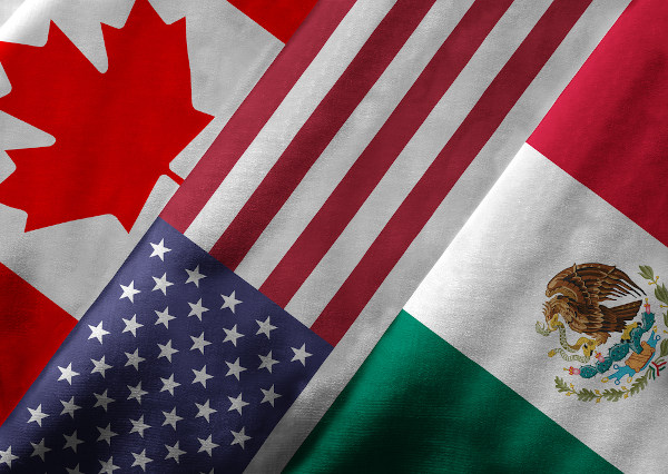 Bandeiras dos países que formam o Nafta: Estados Unidos, Canadá e México.