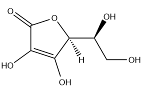 Fórmula estrutural do ácido ascórbico, a vitamina C.