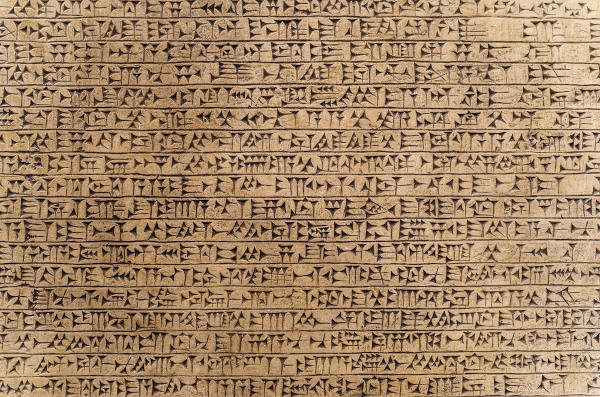 Objeto arqueológico com registros do sistema de numeração babilônico.