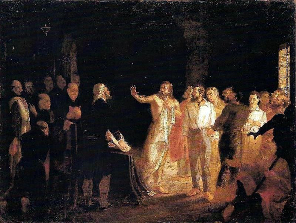 Pintura de Tiradentes e outros homens em um plano iluminado, com a mão estendida; na parte escura da tela, seus acusadores.
